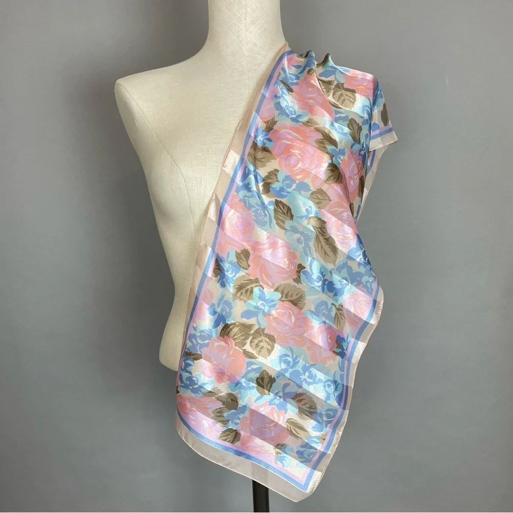 Floral Scarf Vintage Long Roses Pink Blue Sheer Sheen Stripe Elegant Retro‎